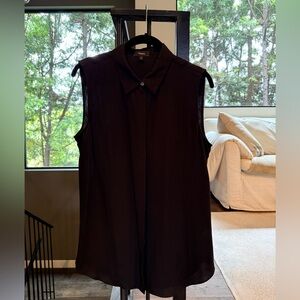 Theory black silk sleeveless button down top.